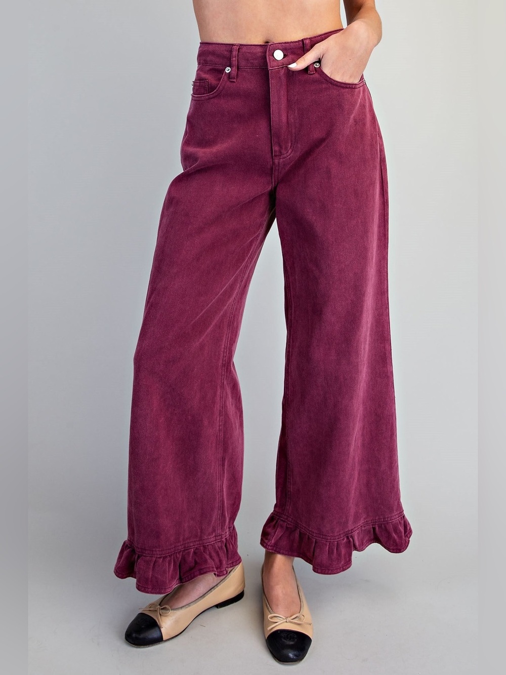 Ruffle Hem Wide Leg Mineral Washed Cropped Jeans - eesome